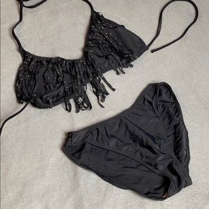 Black Fringe Swim Suit Top LG Bottoms M